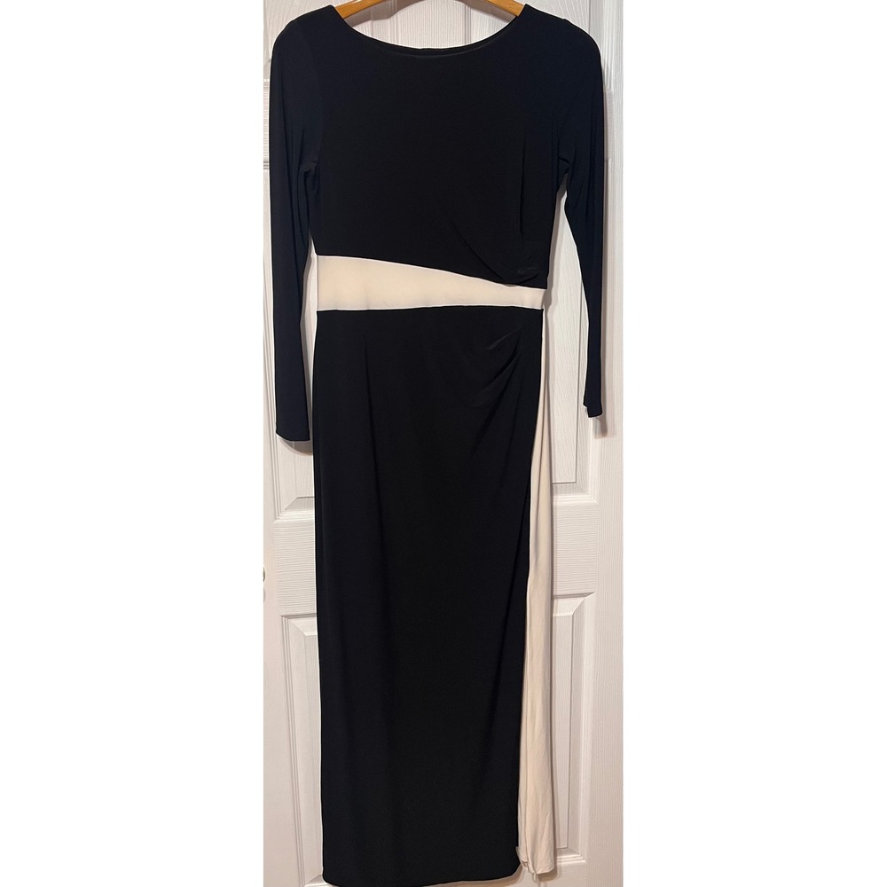 Lauren Ralph Lauren Evening Black Cream Colorblock Long Sleeve Maxi Gown 14